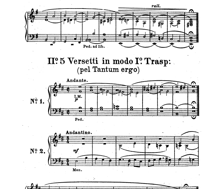 What does "Versetti in Modo I Trasp pel Tantum Ergo" mean